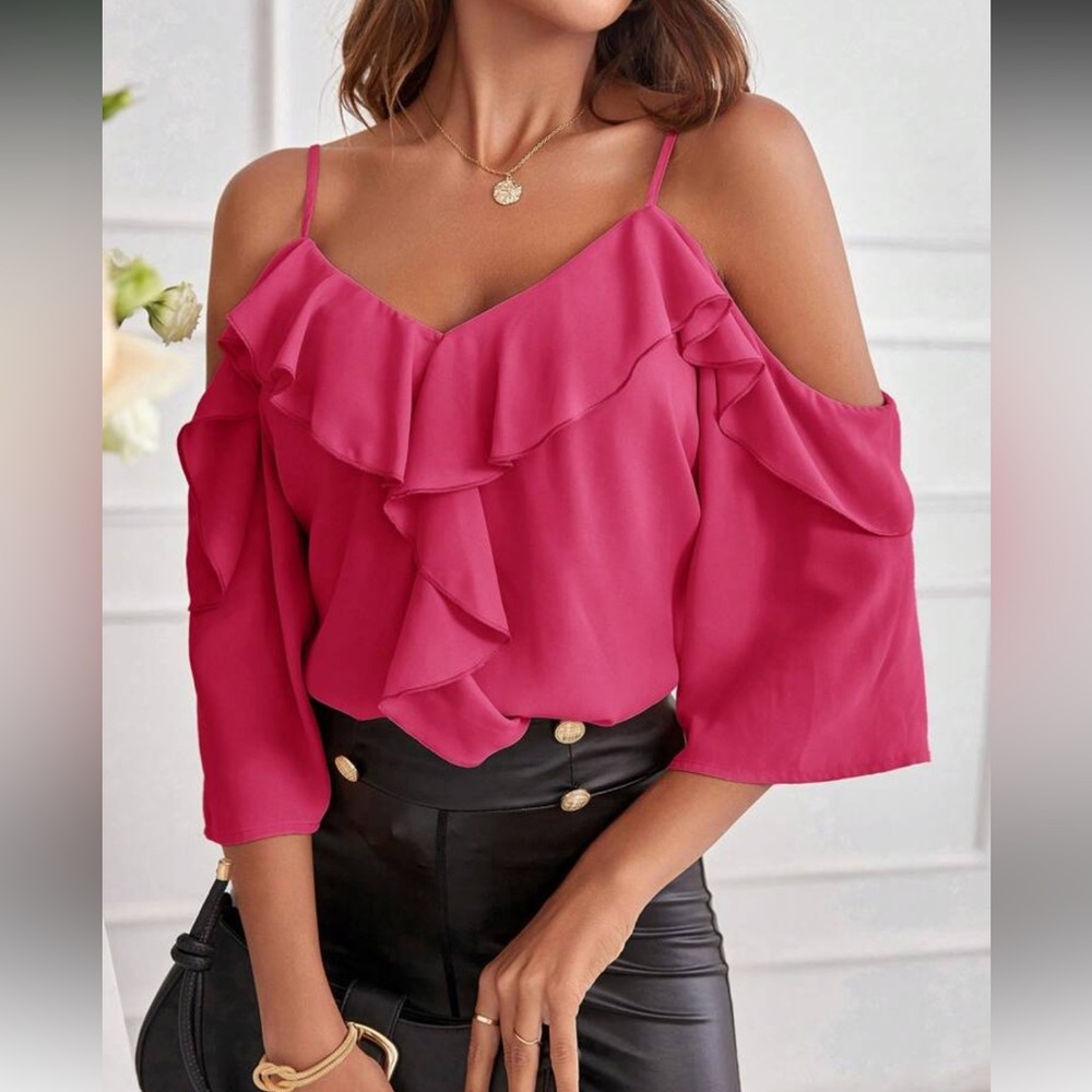 Elegant Red Ruffle Cold Shoulder Top - Picture 8 of 16